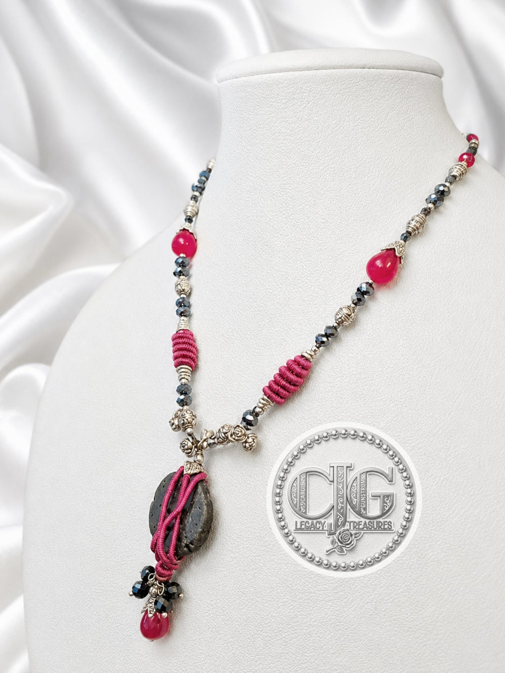 Rose Lava Rock Wire Wrapped Pendant Necklace